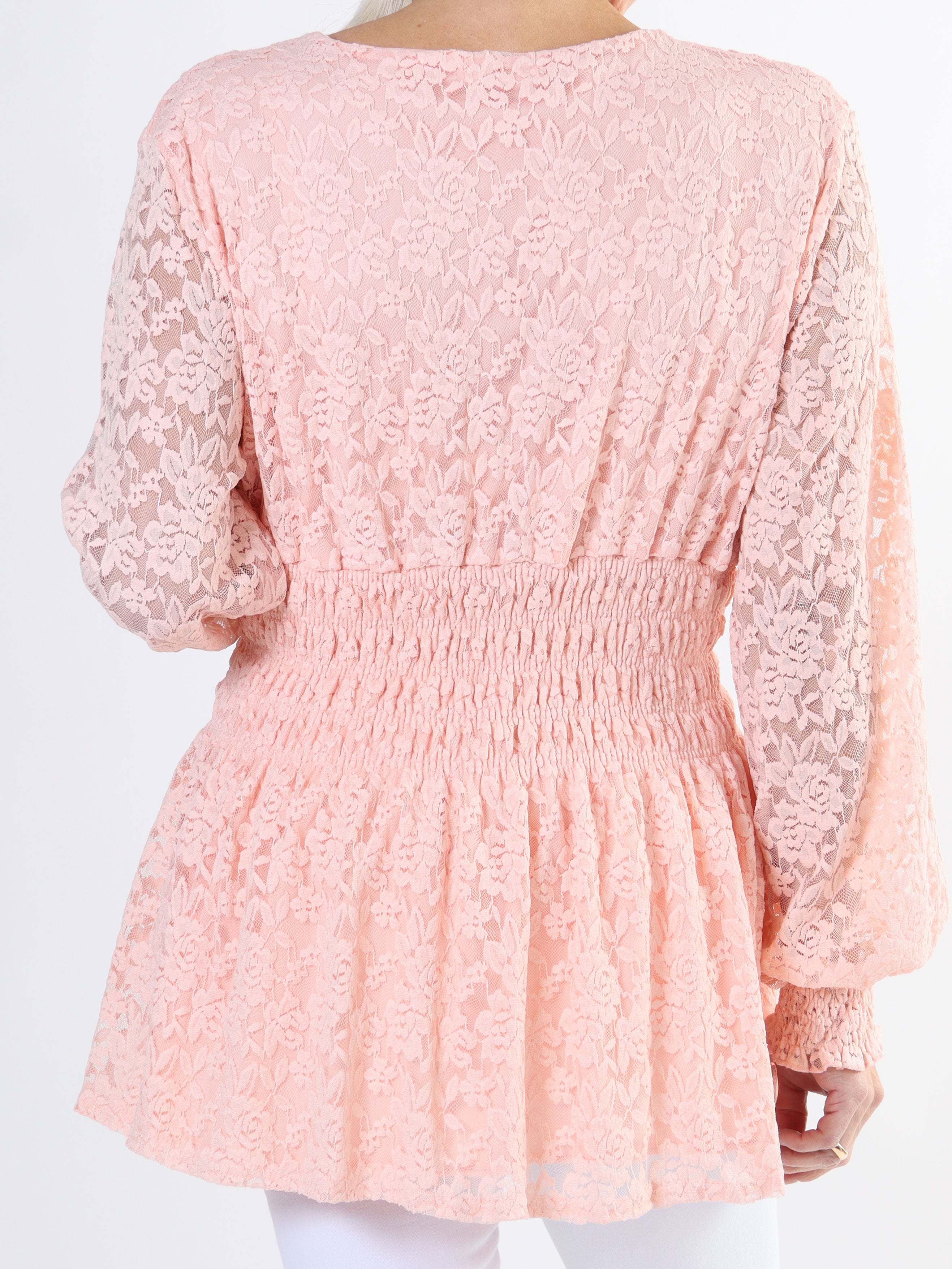 Pams Lace Shirt L/S - Elastisk plus size blonde bluse med lange ærmer